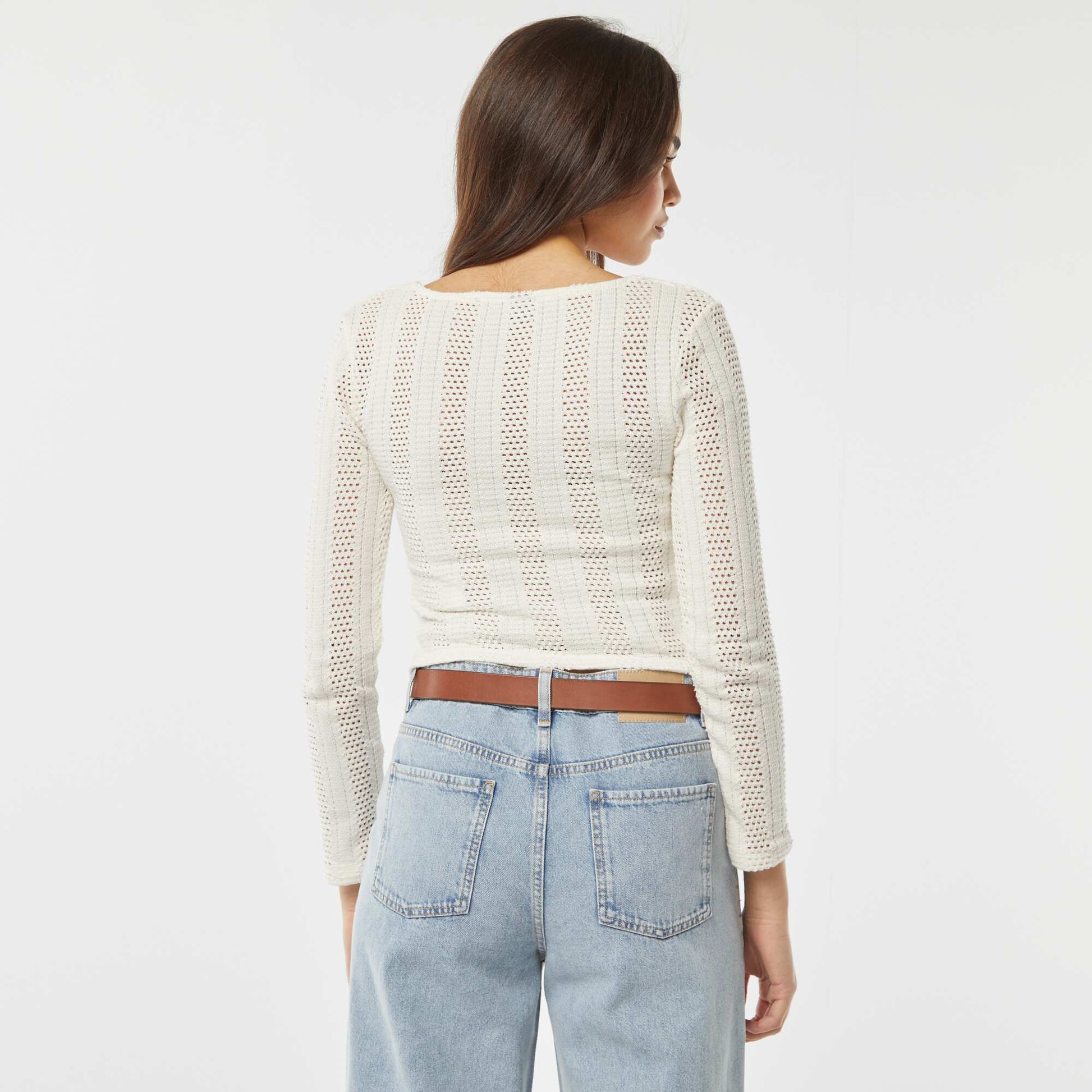 T-shirt à manches longues en crochet avec maille ajourée BLANC