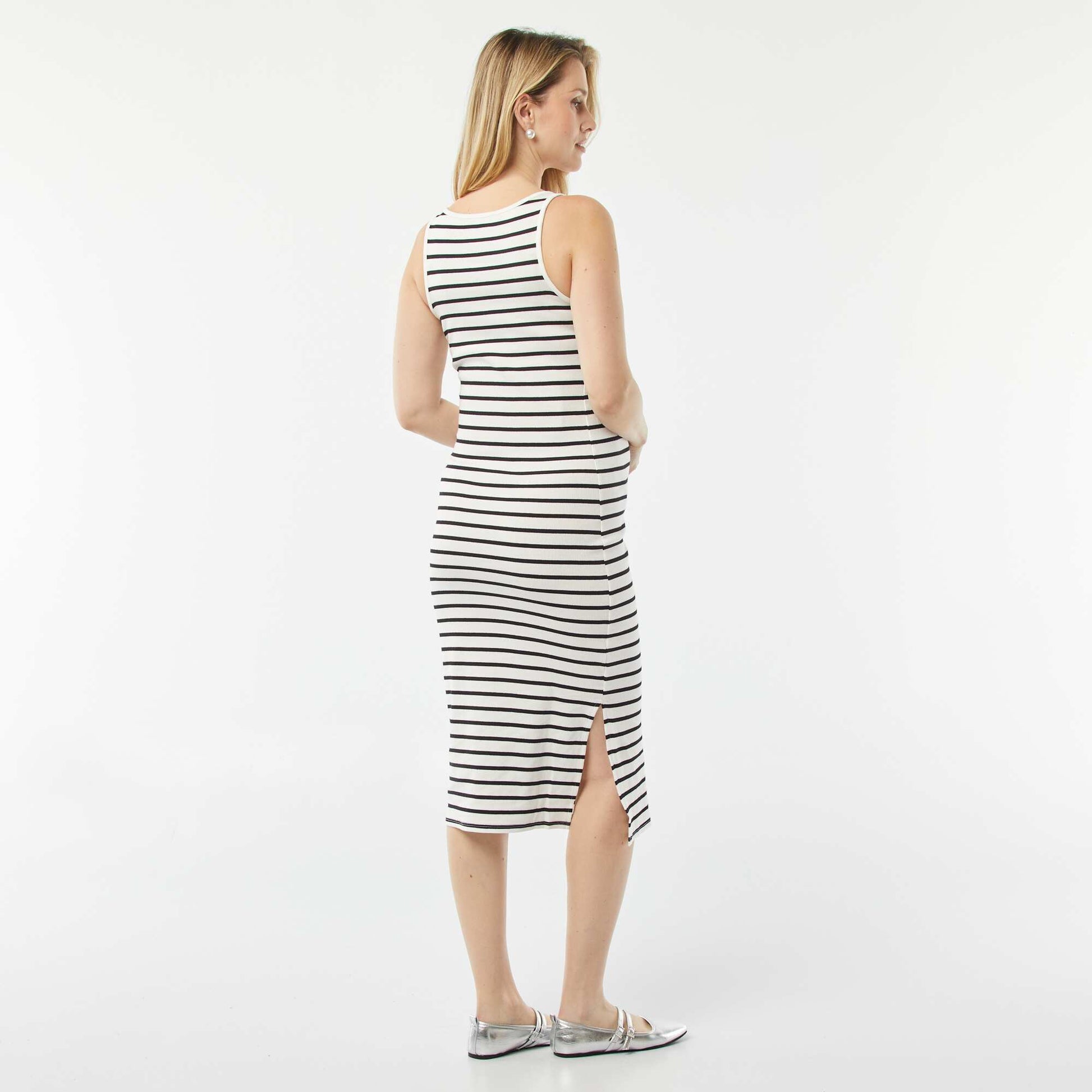 Robe midi côtelée unie avec ouverture d'allaitement BLANC