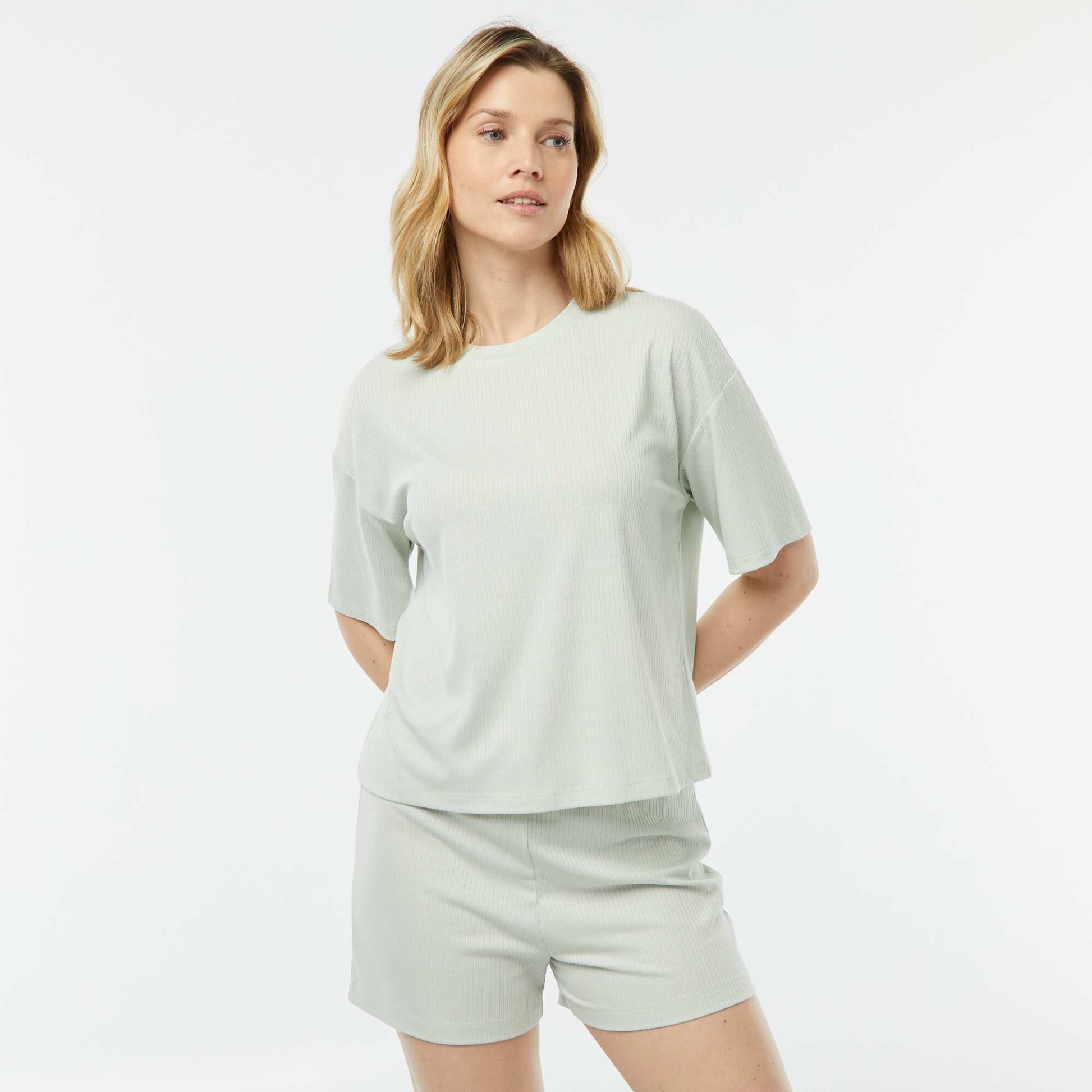 Pyjama short 2 pièces en maille côtelée BLEU CIEL