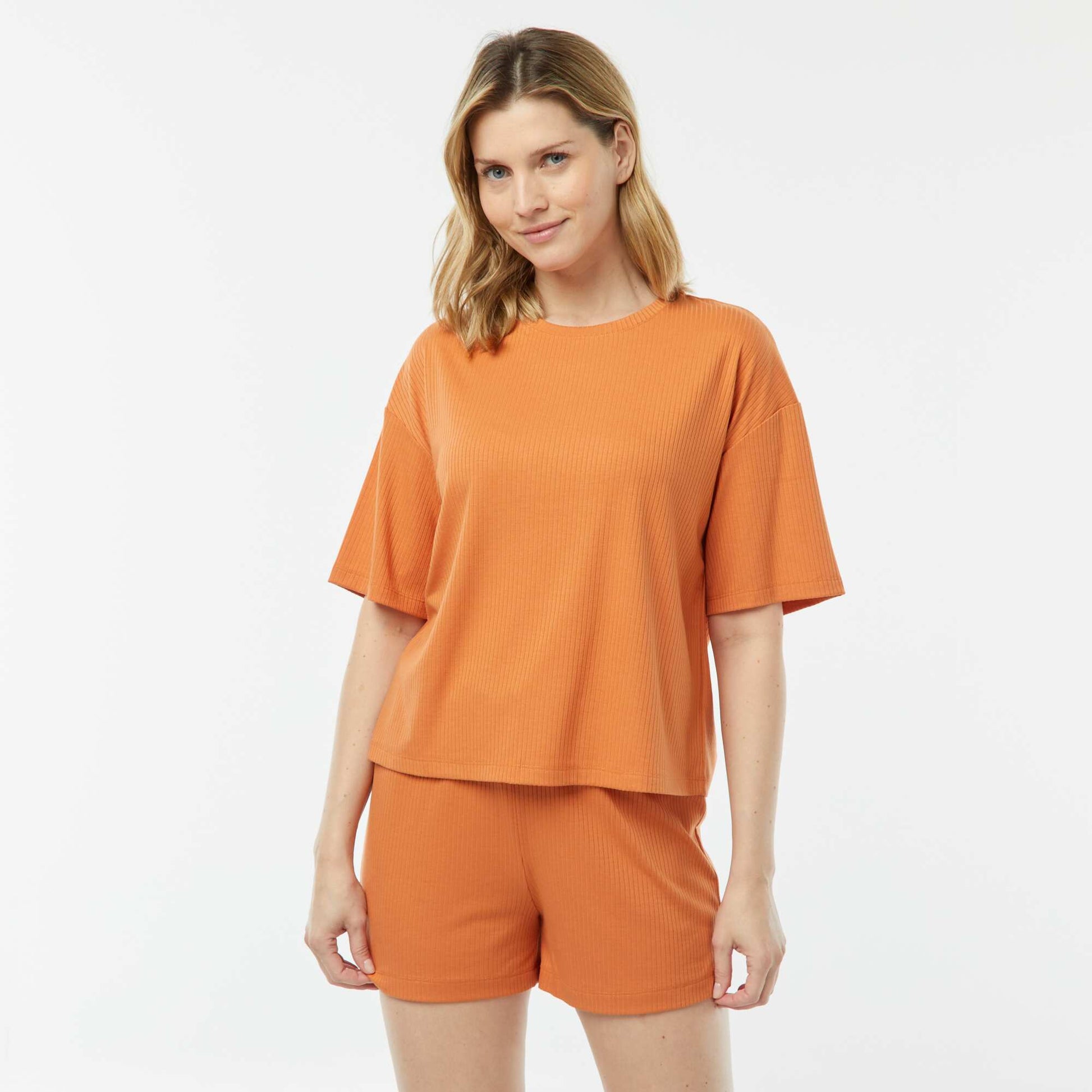 Pyjama short 2 pièces en maille côtelée CAMEL