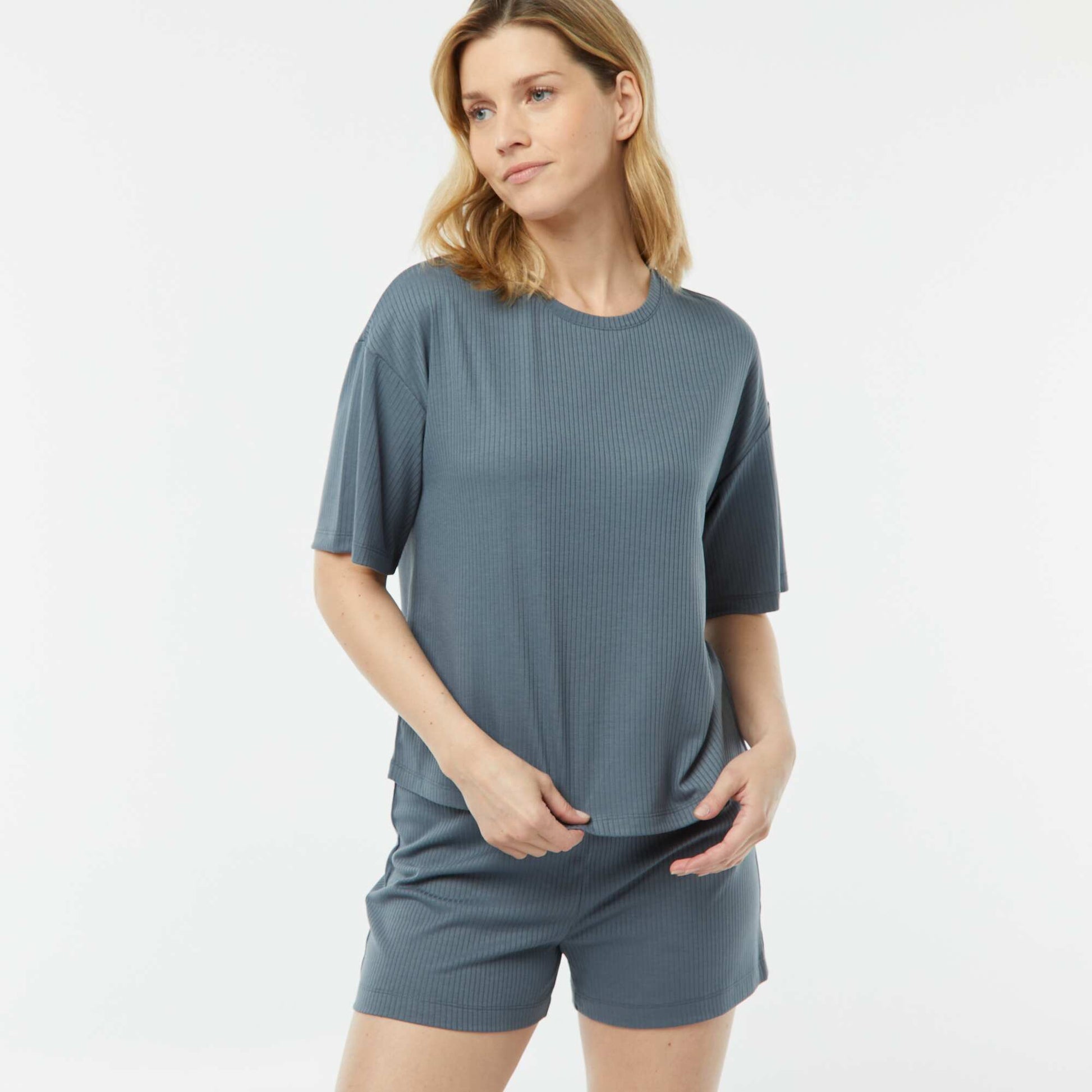Pyjama short 2 pièces en maille côtelée BLEU GRIS