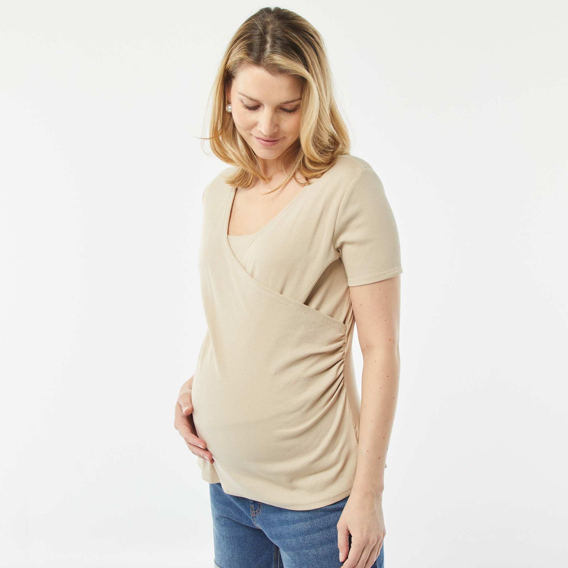 T-shirt cache-cœur d'allaitement BEIGE