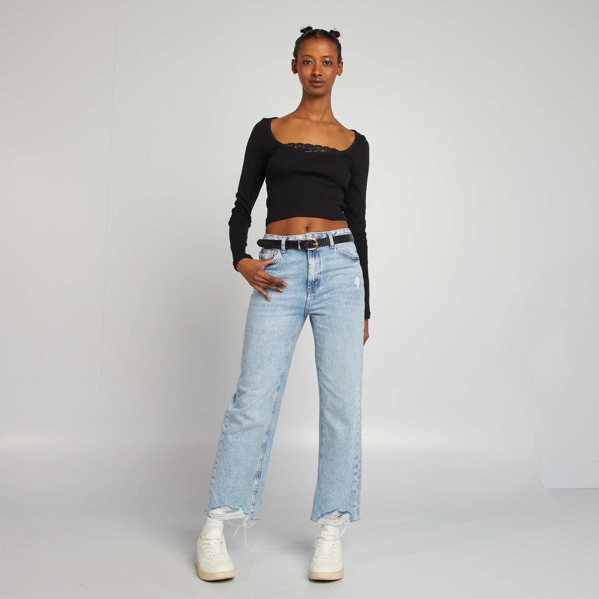 T-shirt crop top côtelé manches longues noir