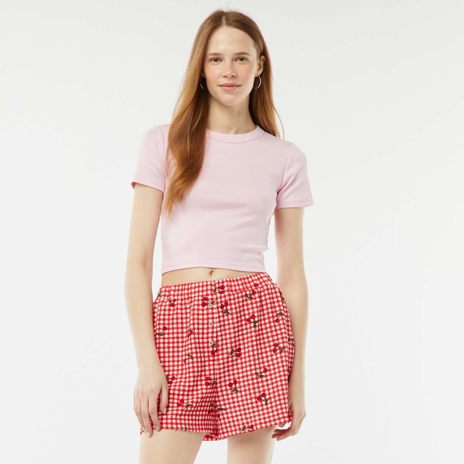 Short en maille gaufrée avec motif ROUGE