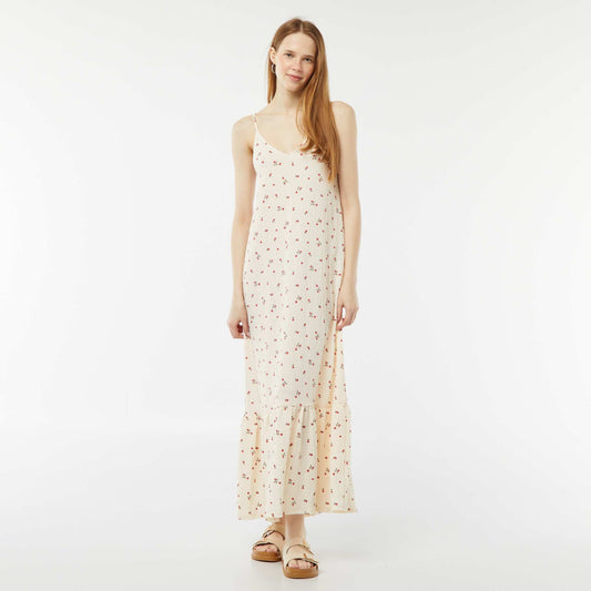 Robe longue à fines bretelles en matière gaufrée BEIGE