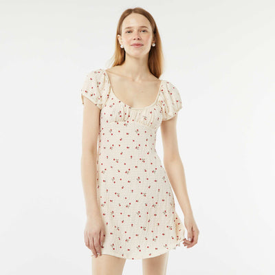 Robe courte en matière gaufrée à manches courtes BEIGE