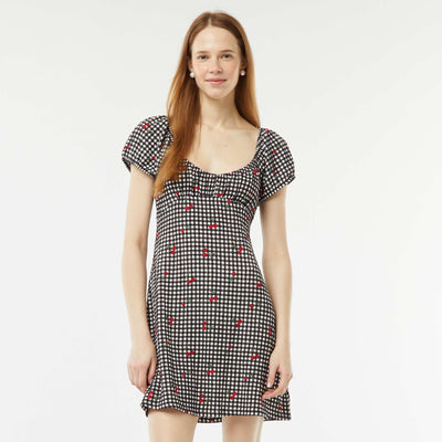 Robe courte en matière gaufrée à manches courtes NOIR VICHY