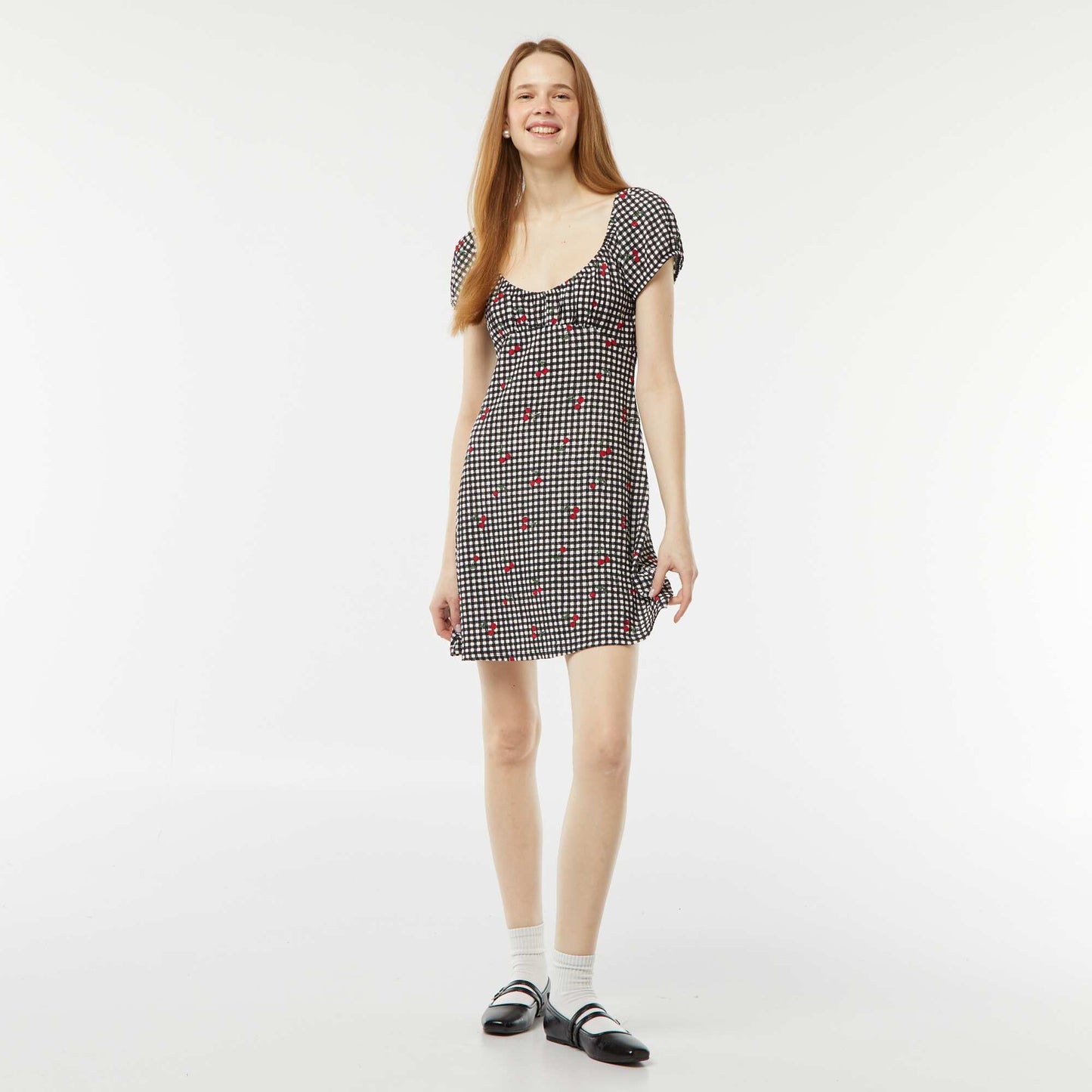 Robe courte en matière gaufrée à manches courtes NOIR VICHY