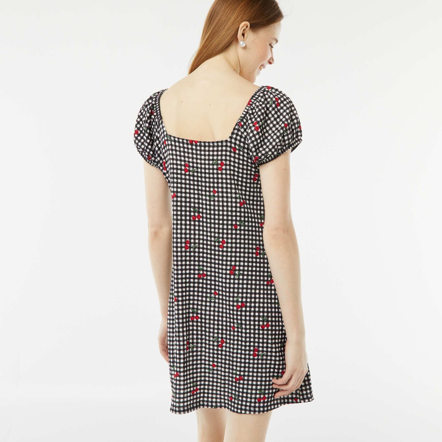 Robe courte en matière gaufrée à manches courtes NOIR VICHY