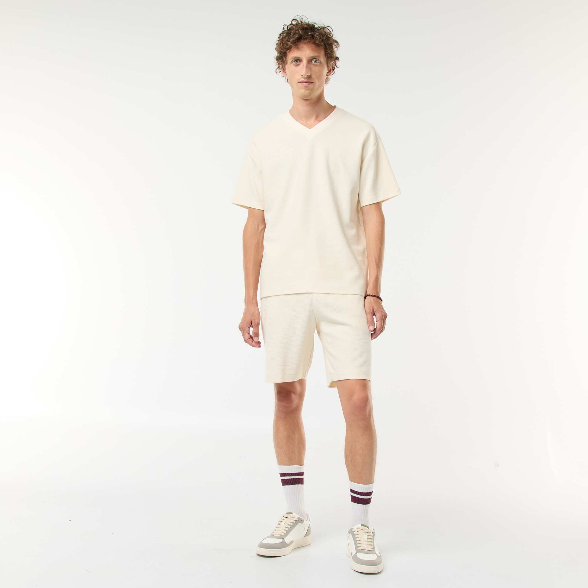 T-shirt en maille col V BEIGE