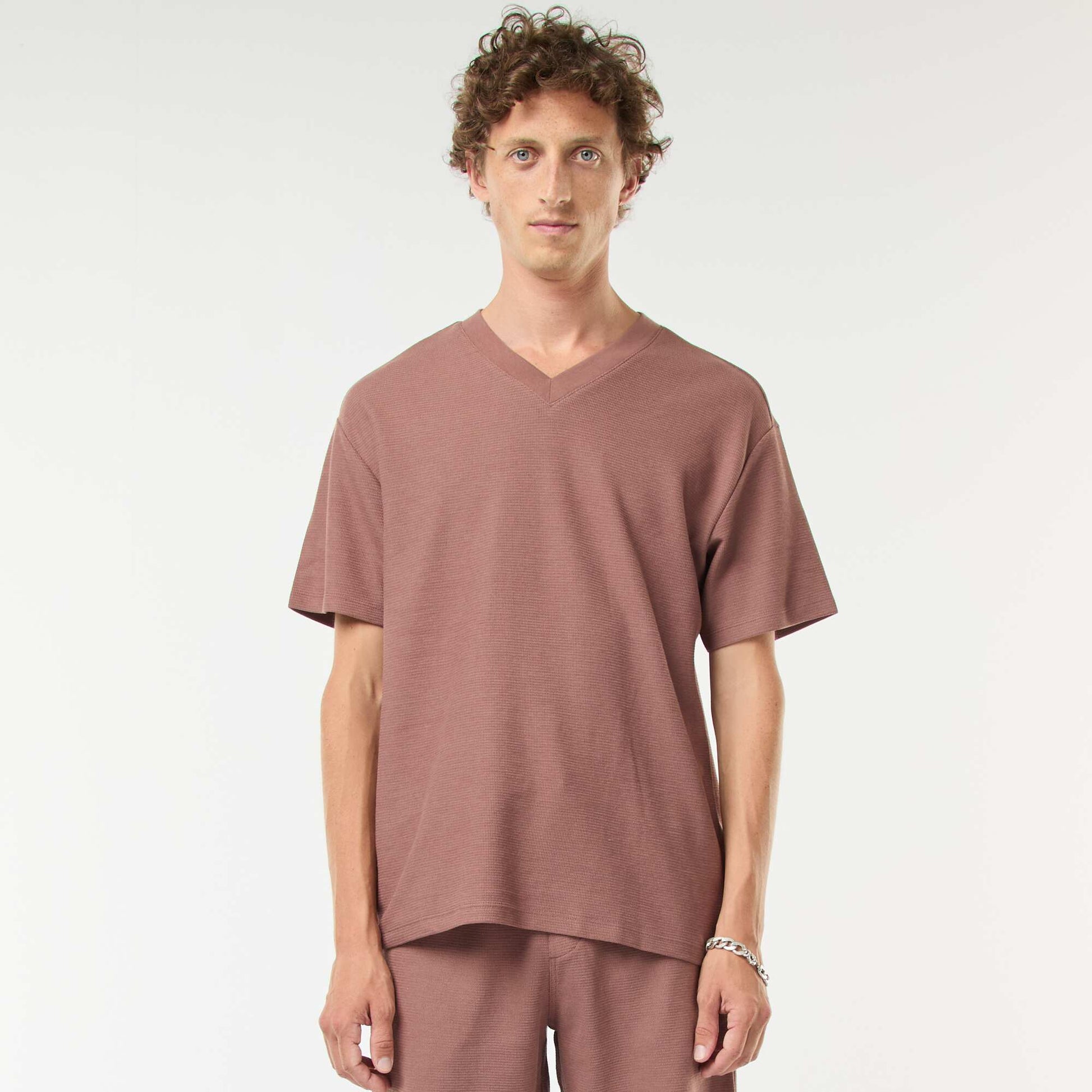 T-shirt en maille col V MARRON