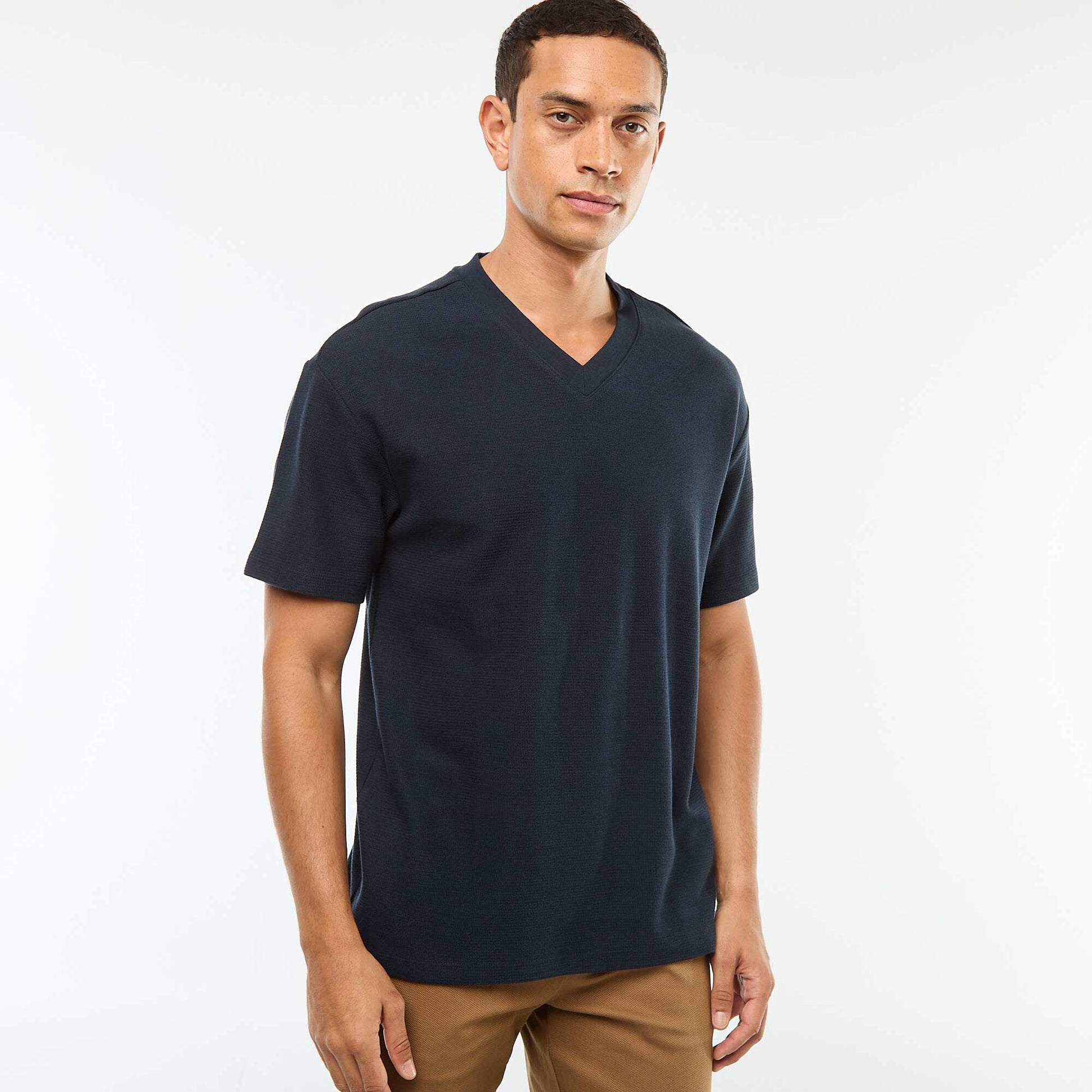 T-shirt en maille col V BLEU