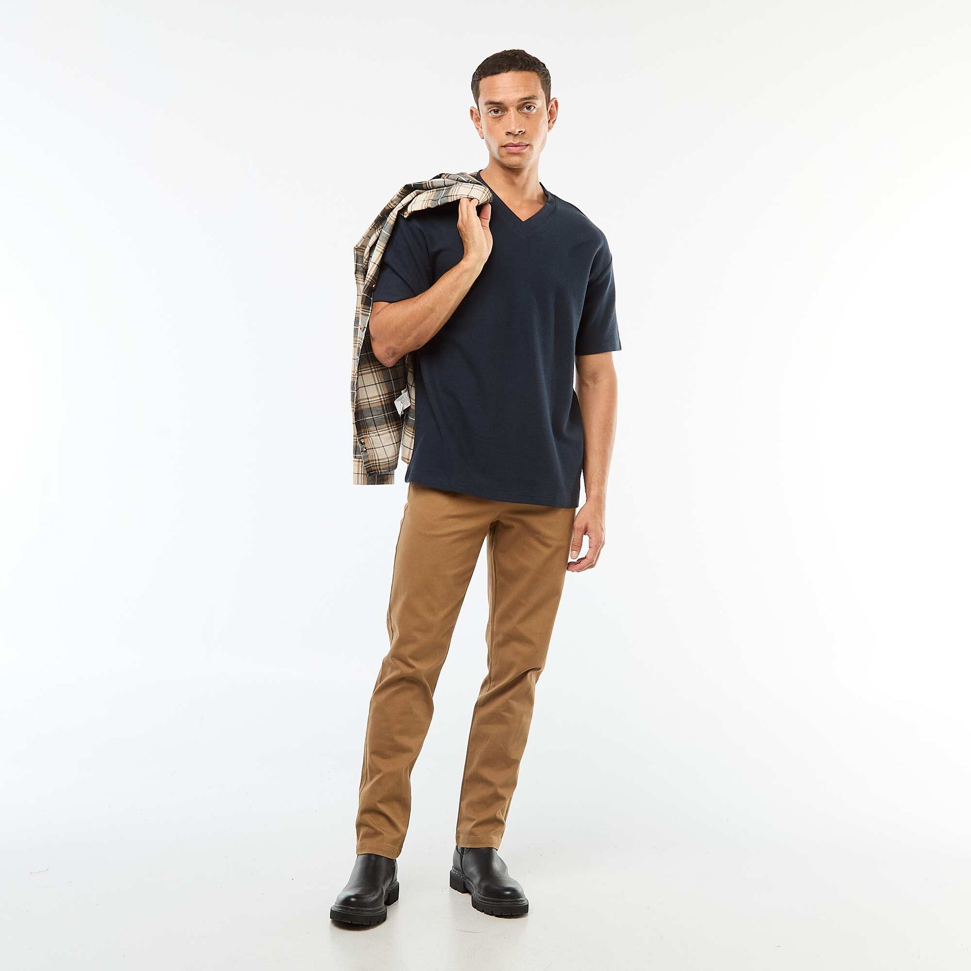 T-shirt en maille col V BLEU