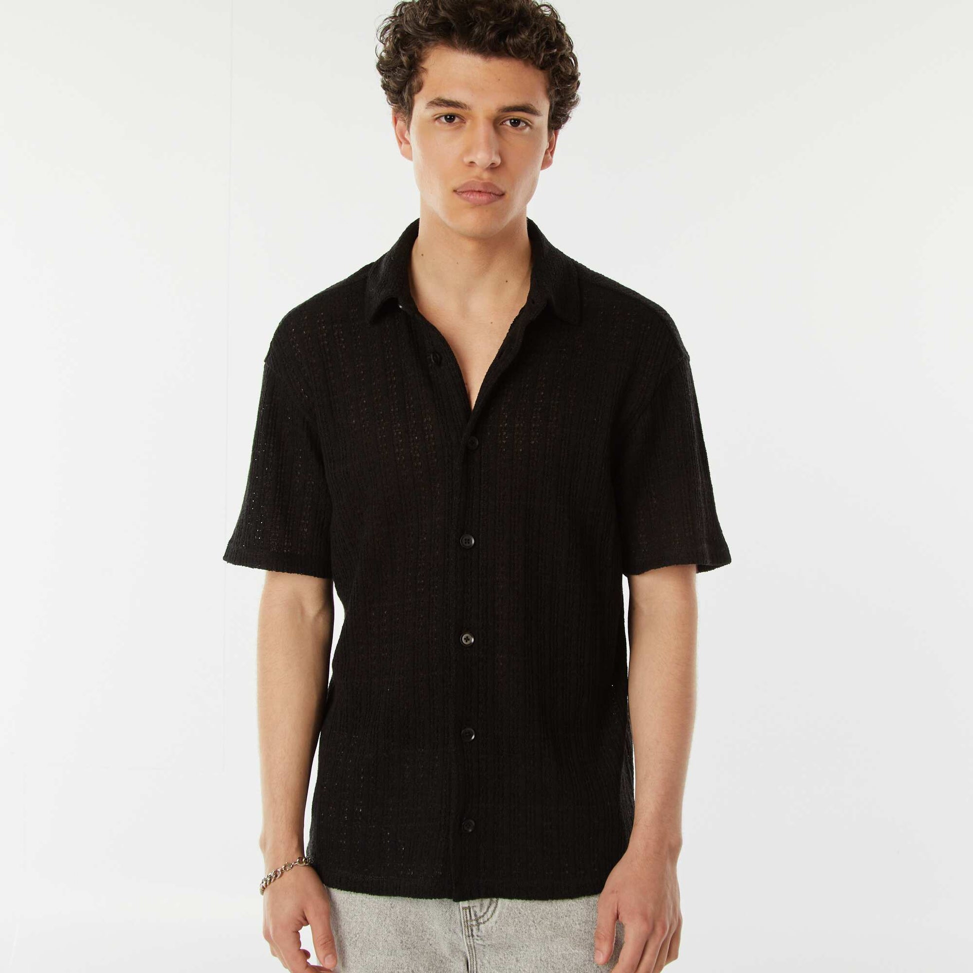 Chemise en maille ajourée manches courtes NOIR
