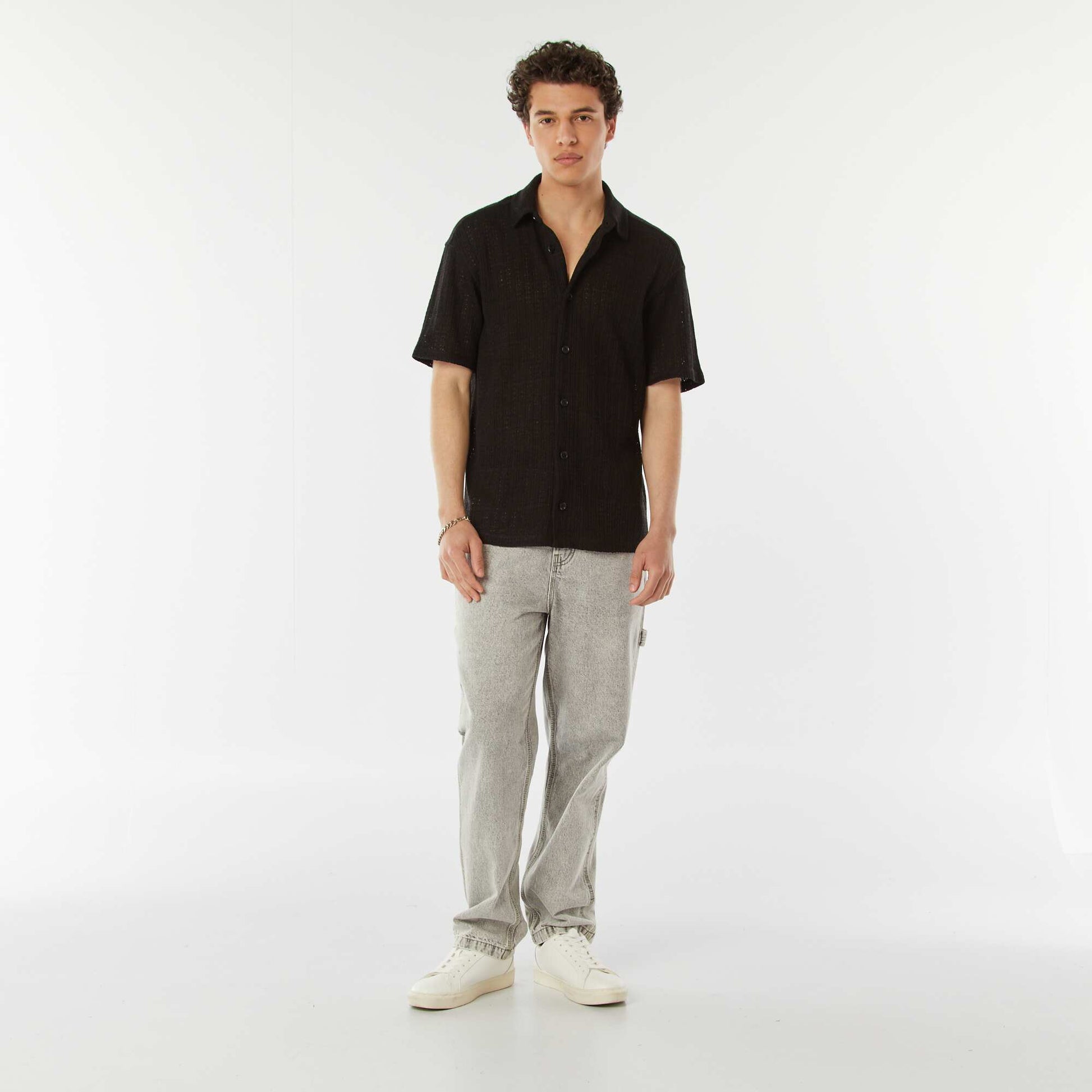 Chemise en maille ajourée manches courtes NOIR