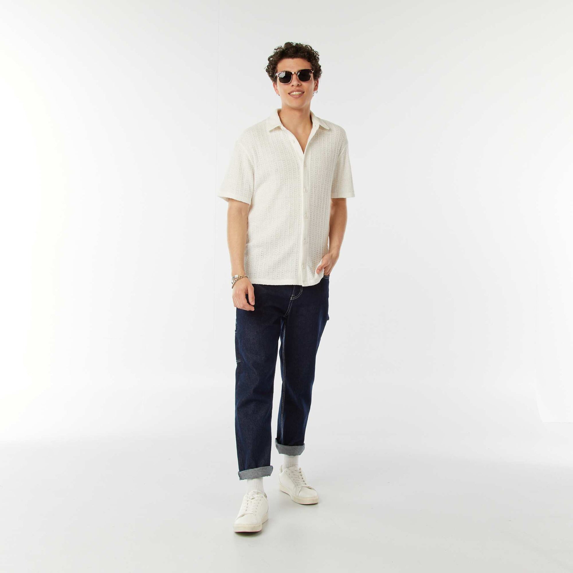 Chemise en maille ajourée manches courtes BEIGE