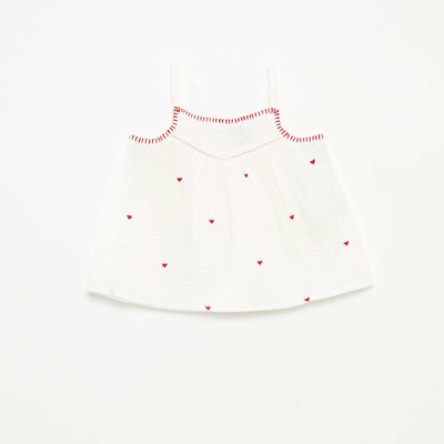 Blouse en gaze de coton avec broderies 'cœurs' all over ROUGE