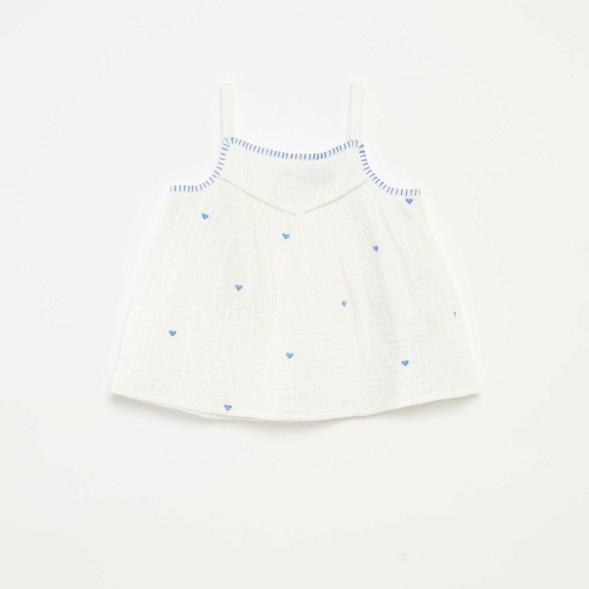 Blouse en gaze de coton avec broderies 'cœurs' all over BLEU