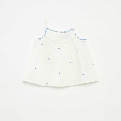 Blouse en gaze de coton avec broderies 'cœurs' all over BLEU