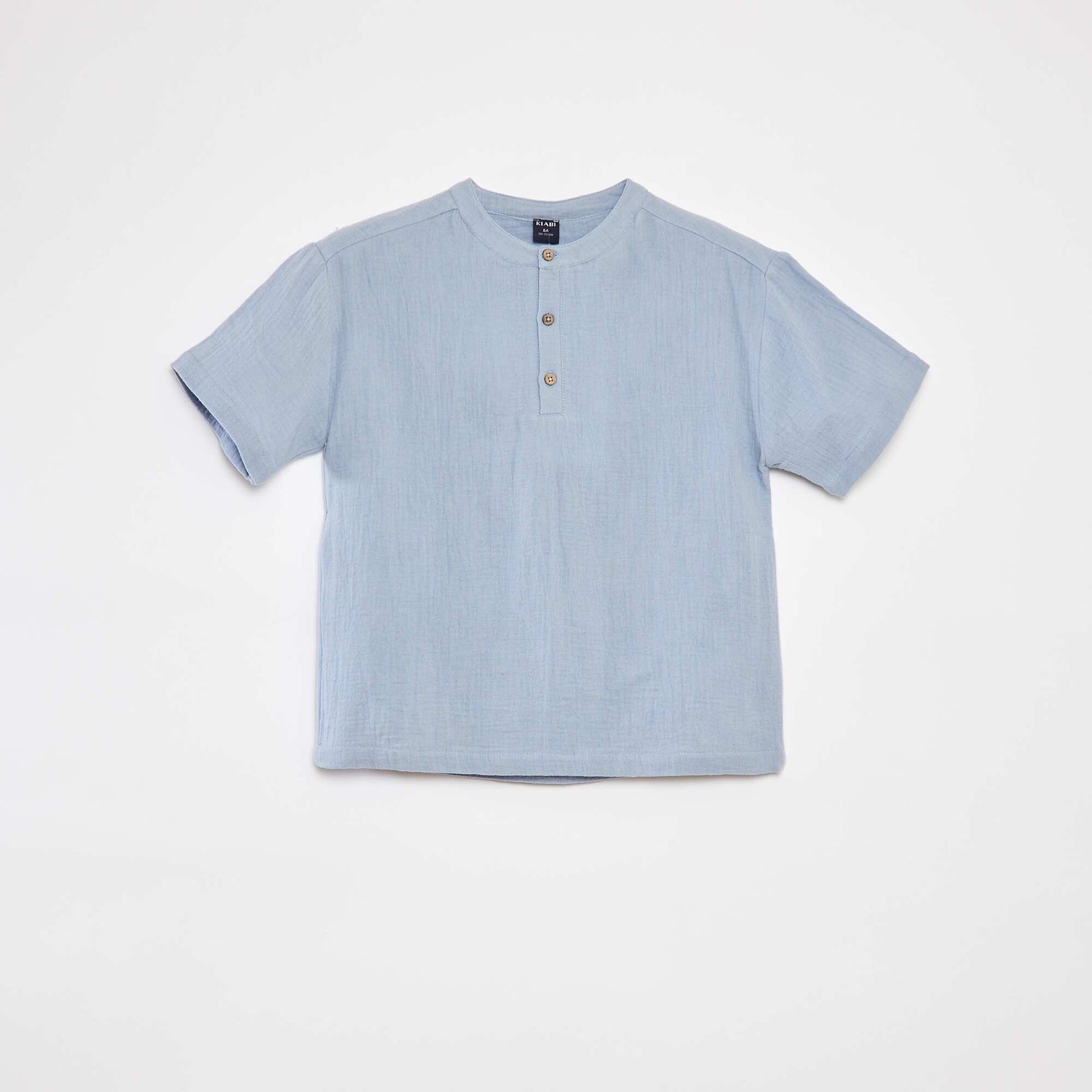 Chemise en gaze de coton col tunisien BLEU