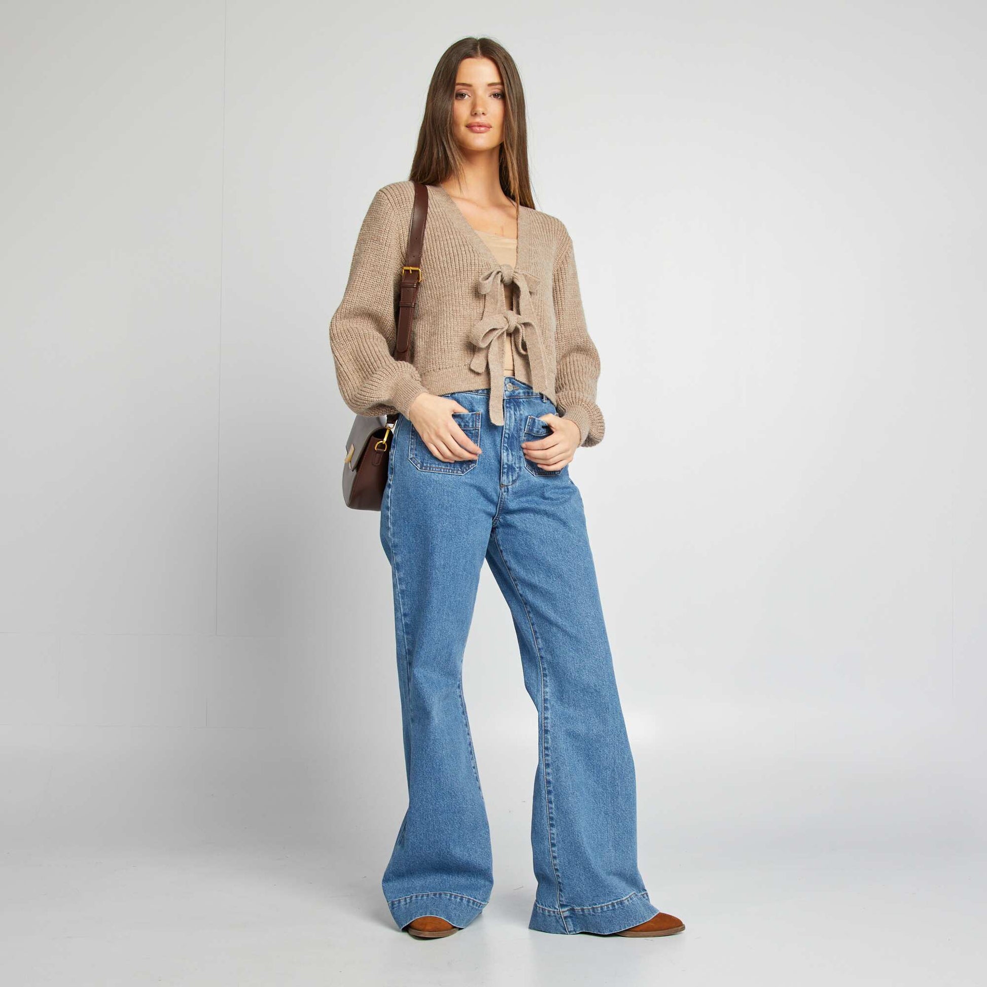 Gilet en maille grosse jauge à liens MARRON
