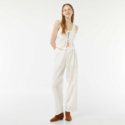 Pantalon avec broderies anglaises et maille ajourée BLANC
