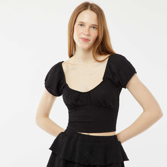 Top en maille gaufrée col carré NOIR