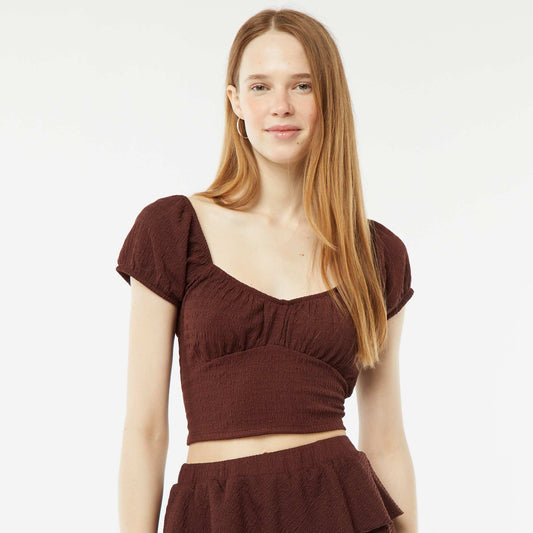Top en maille gaufrée col carré MARRON