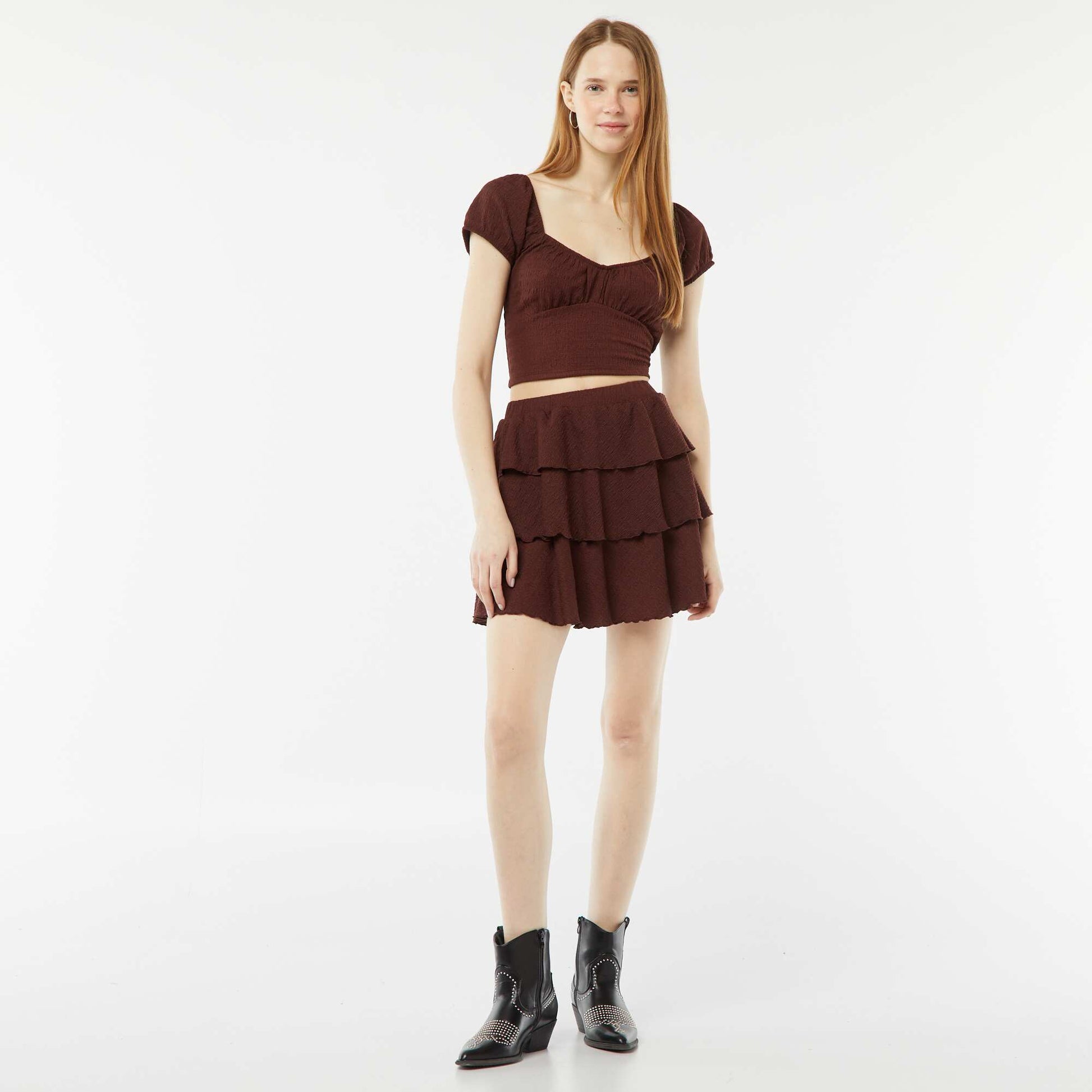 Top en maille gaufrée col carré MARRON
