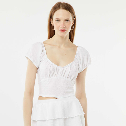 Top en maille gaufrée col carré BLANC