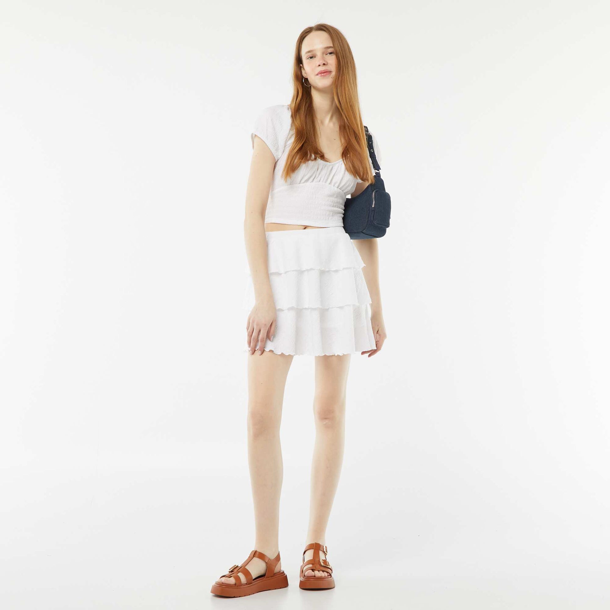 Top en maille gaufrée col carré BLANC