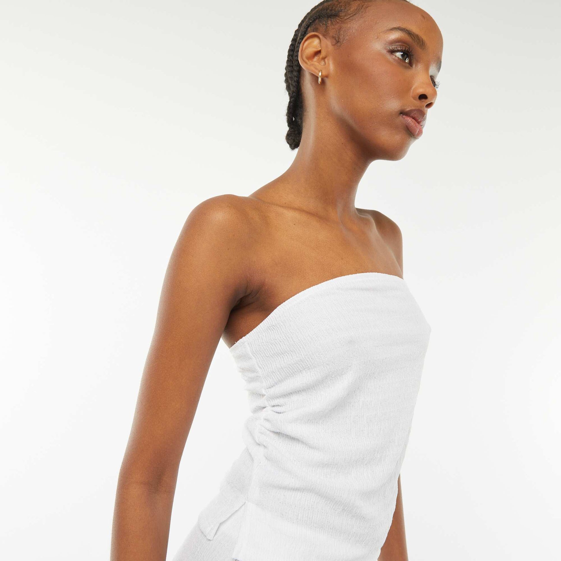 T-shirt bandeau uni en matière crêpée BLANC