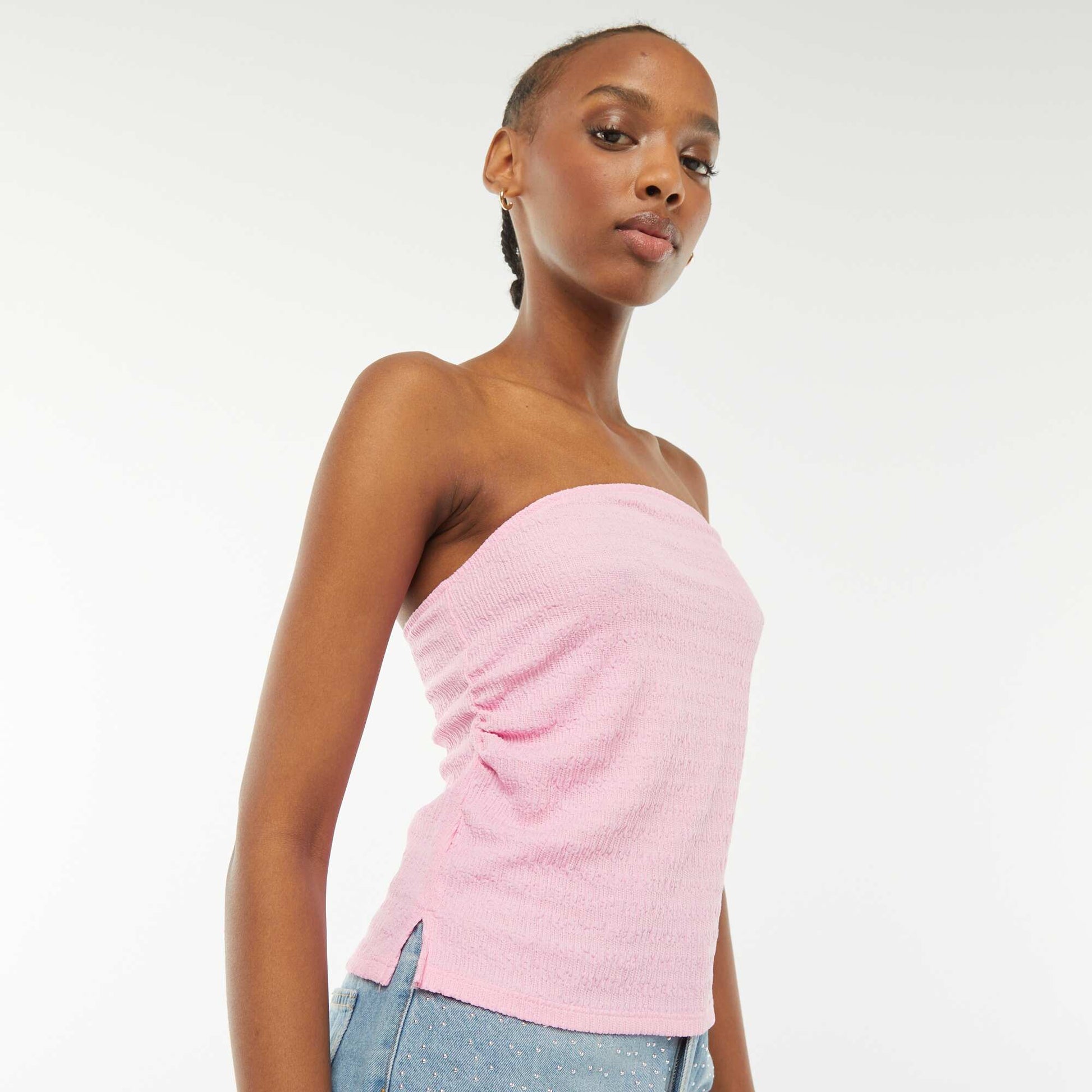 T-shirt bandeau uni en matière crêpée ROSE