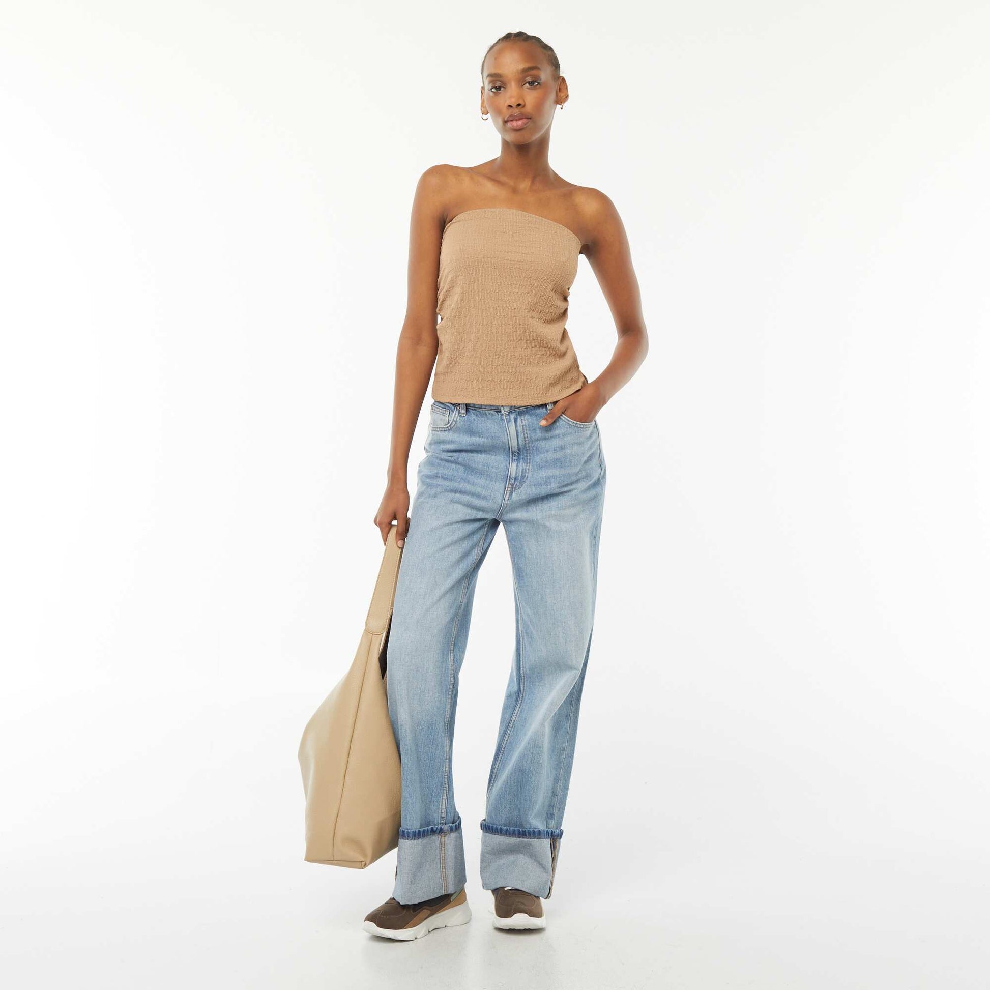 T-shirt bandeau uni en matière crêpée BEIGE