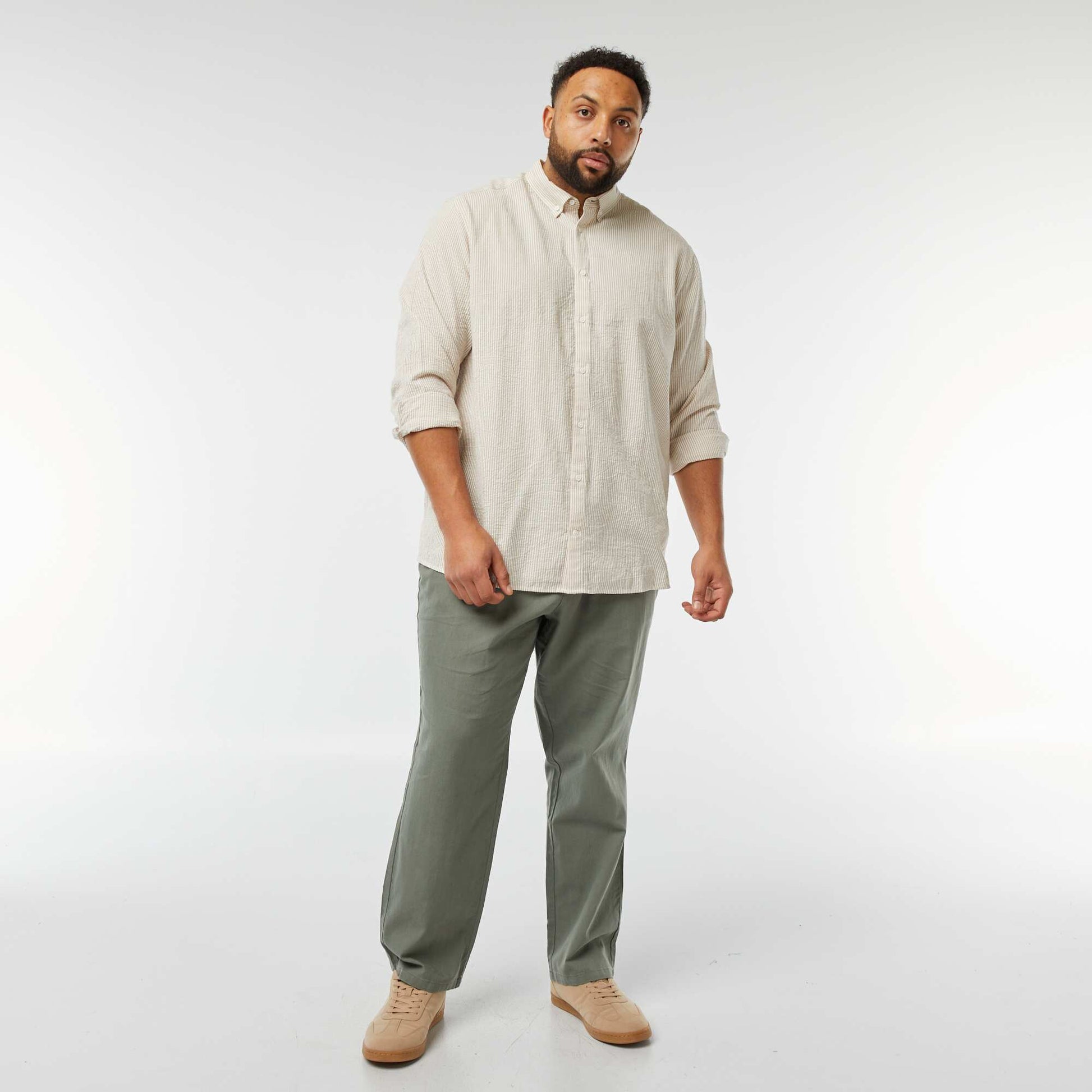 Chemise en matière crépon manches longues et motif rayé BEIGE