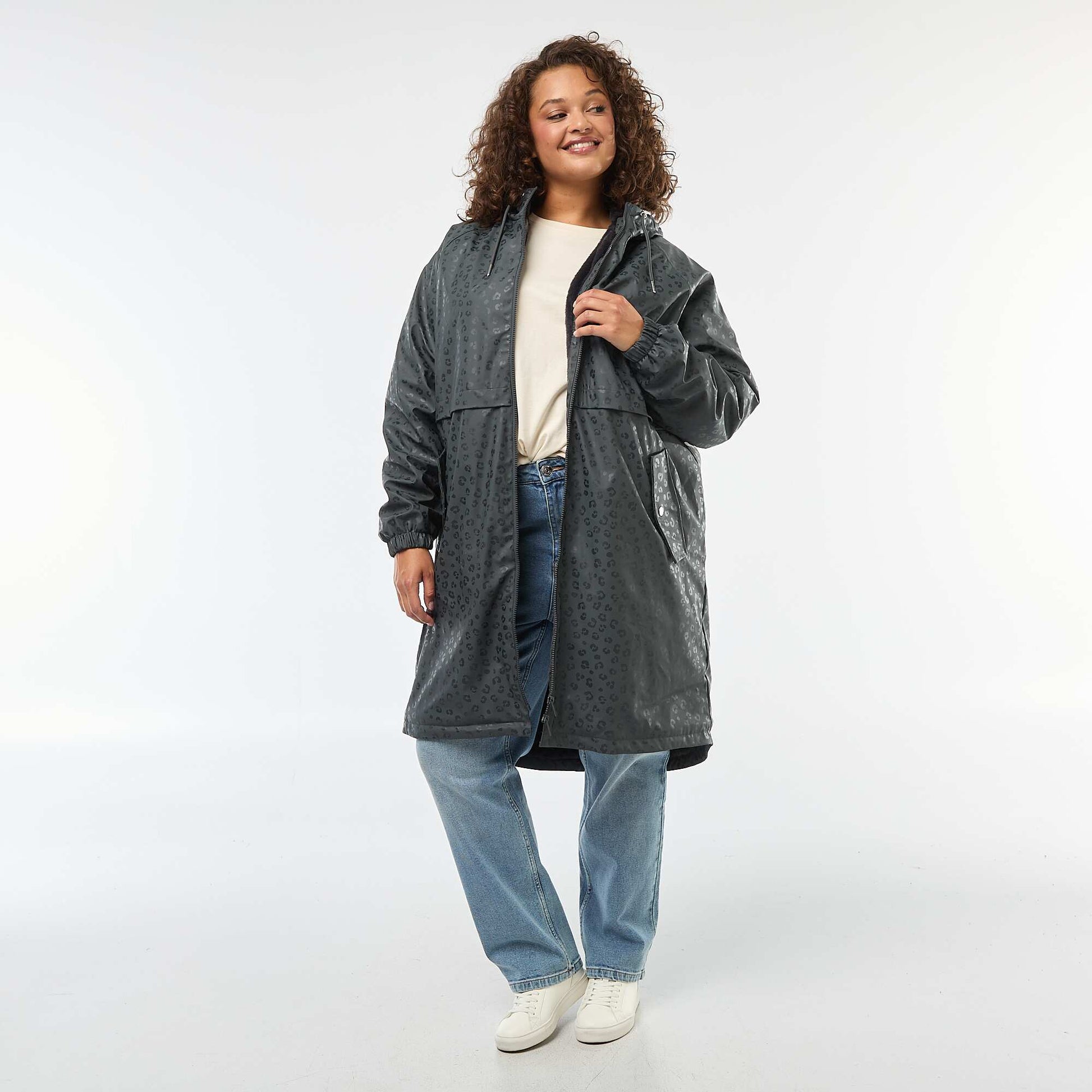 Parka de pluie à capuche avec doublure en fausse fourrure GRIS
