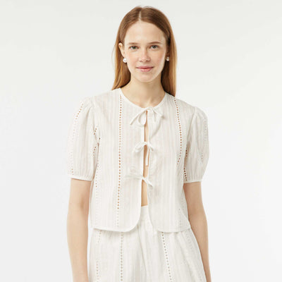 Blouse gilet à manches courtes bouffantes et ouvertures par liens BLANC