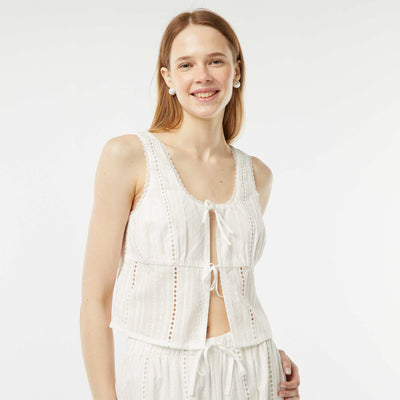 Blouse légère sans manches à nouer avec broderies anglaises BLANC