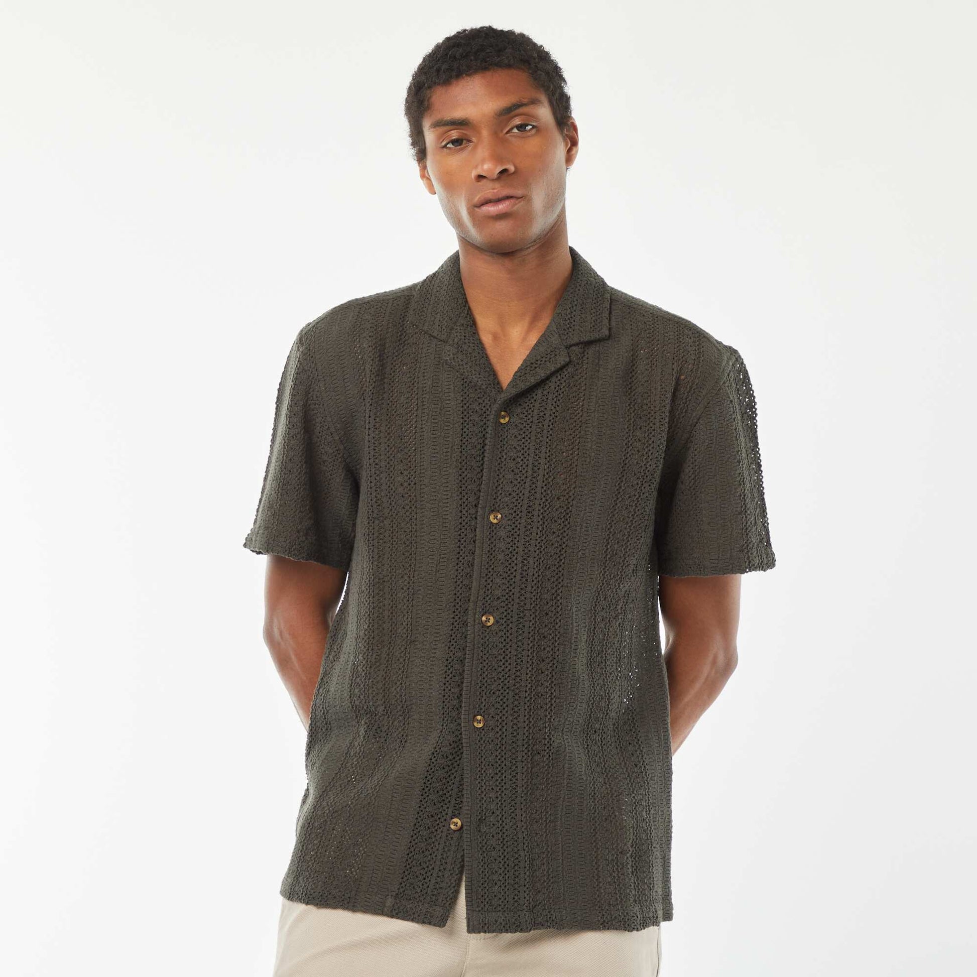Chemise manches courtes en maille ajourée KAKI