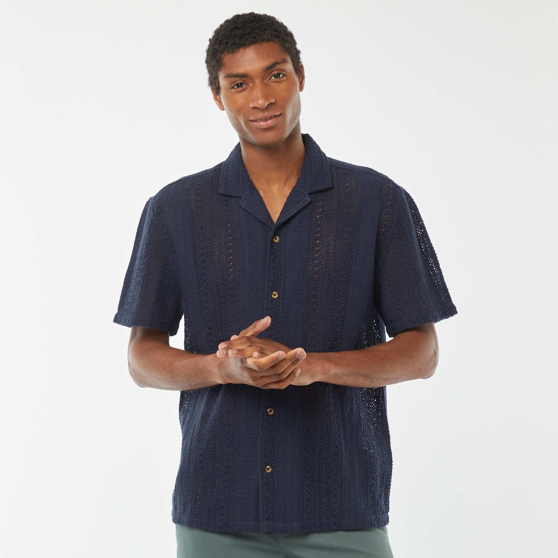 Chemise manches courtes en maille ajourée BLEU