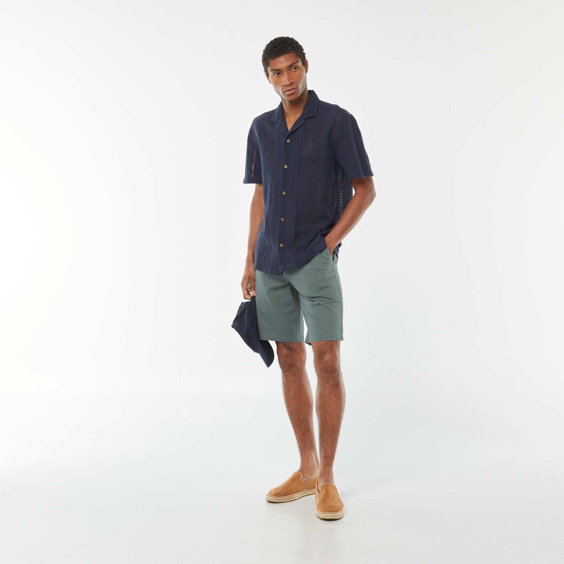 Chemise manches courtes en maille ajourée BLEU