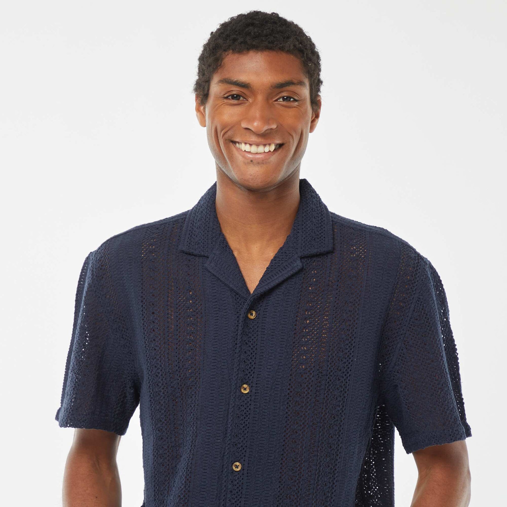 Chemise manches courtes en maille ajourée BLEU