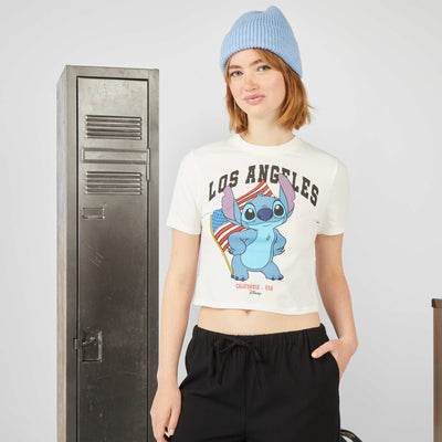 T-shirt crop fit à imprimé 'Stitch' BLANC