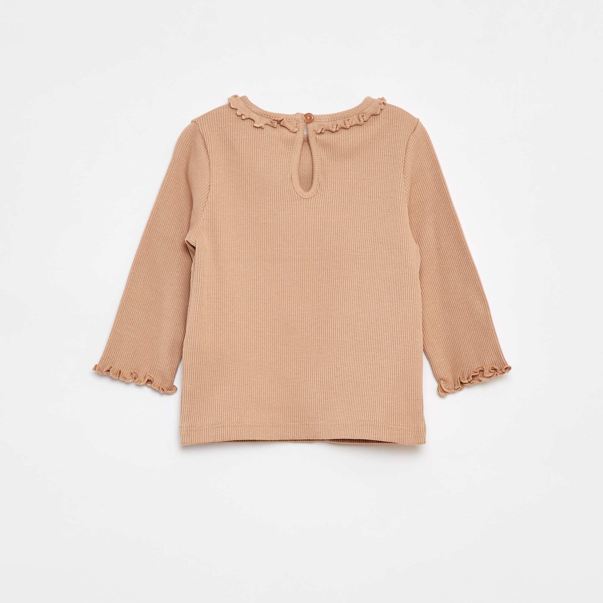 T-shirt côtelé à manches longues BEIGE