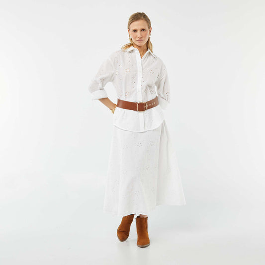 Jupe midi unie avec broderies anglaises BLANC