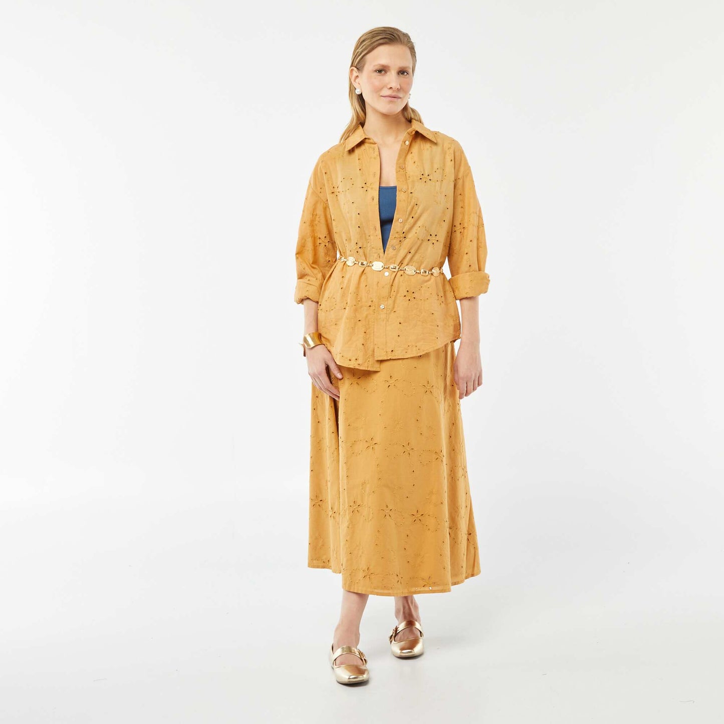 Jupe midi unie avec broderies anglaises OCRE