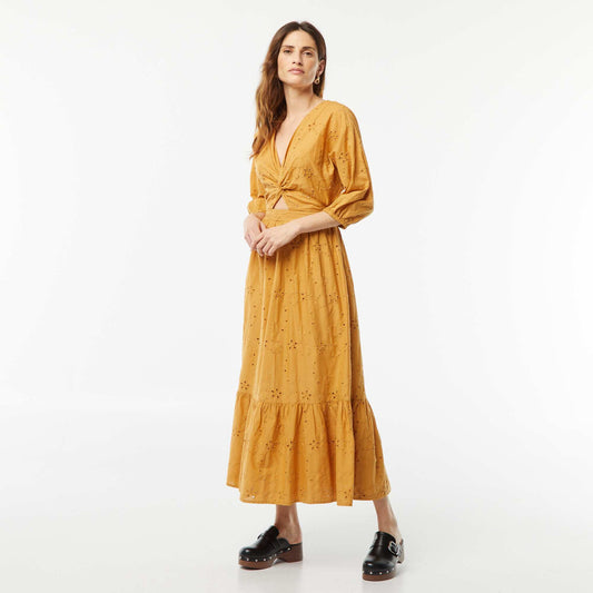 Robe longue avec broderie anglaise et volant à la base BEIGE