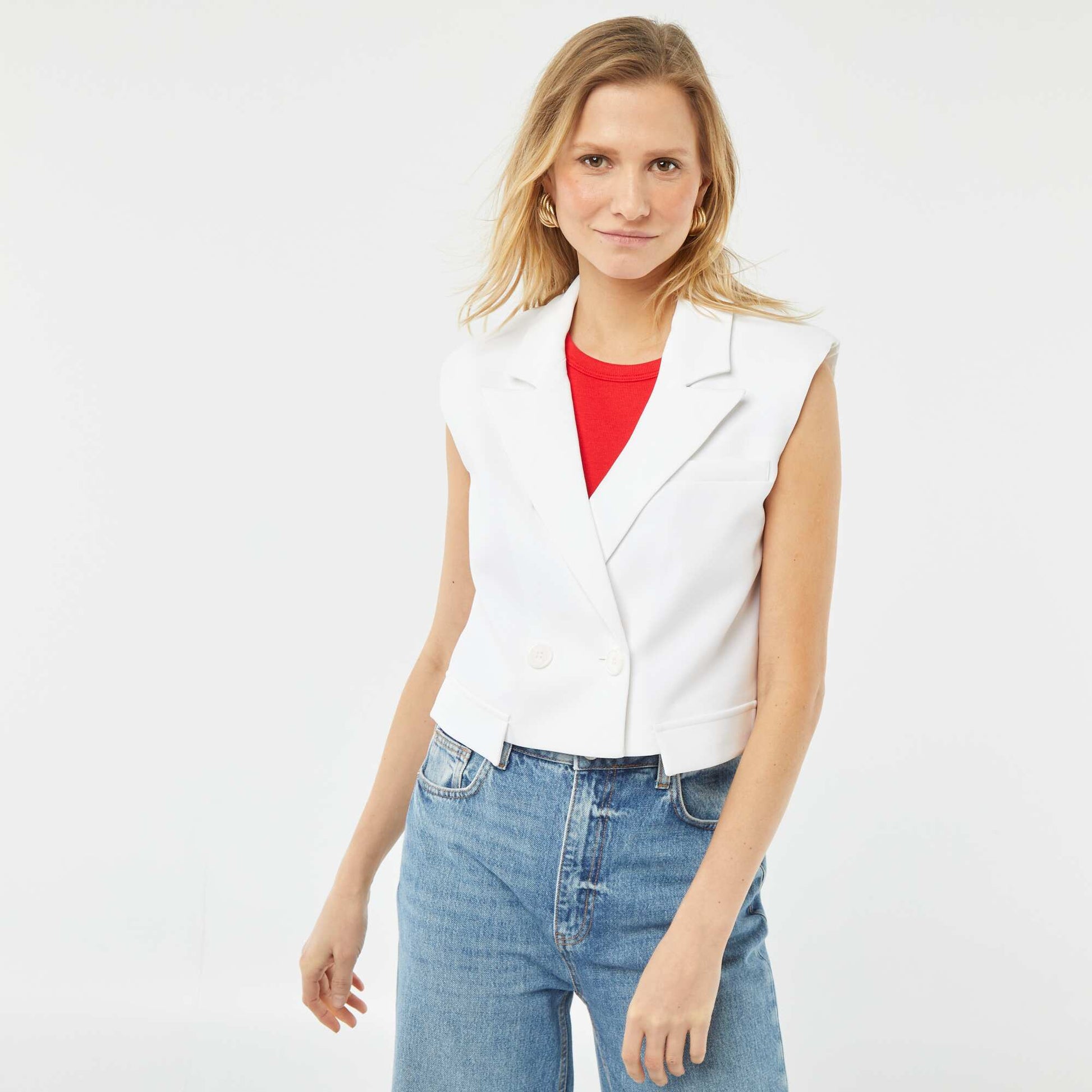 Veste tailleur crop-top sans manches BLANC