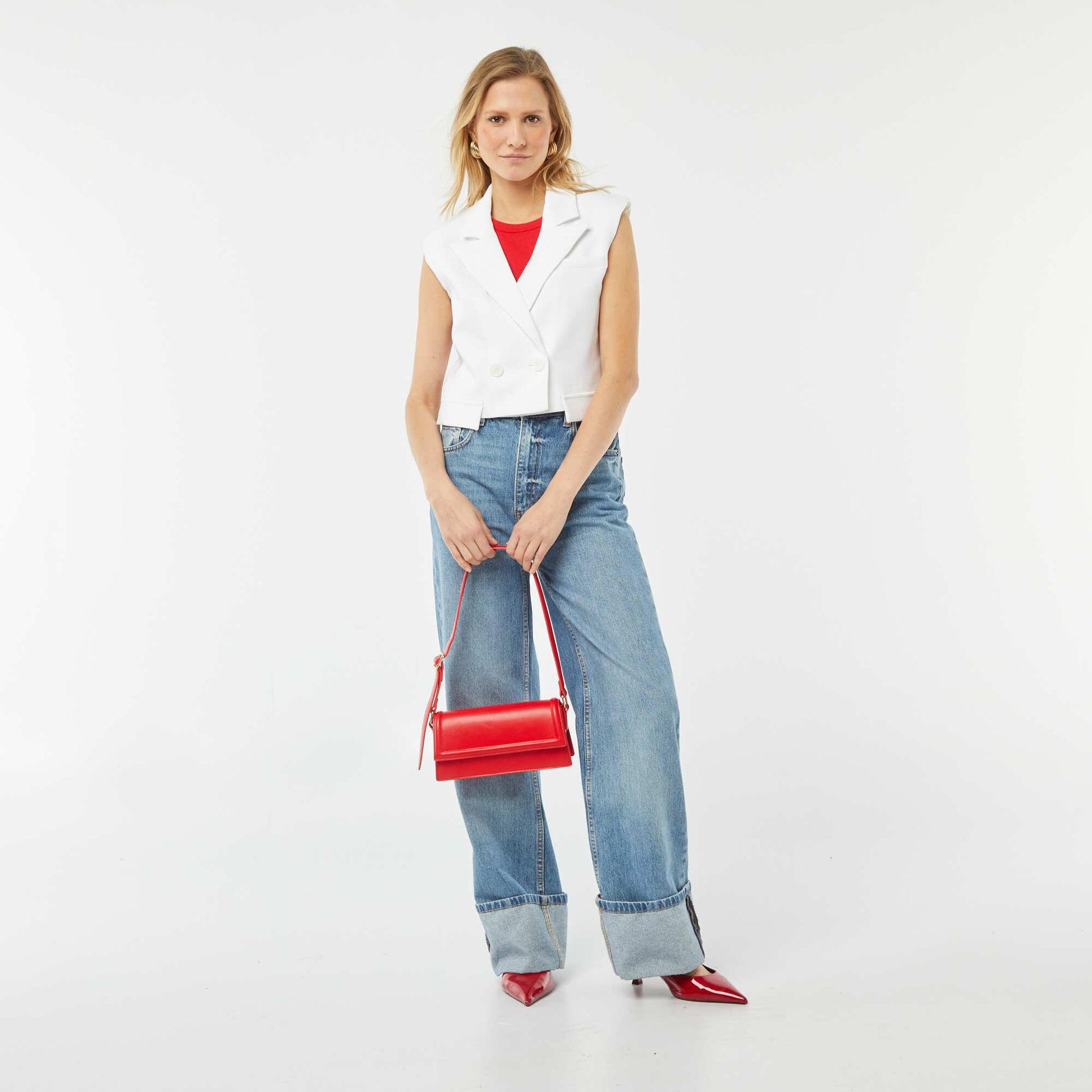Veste tailleur crop-top sans manches BLANC