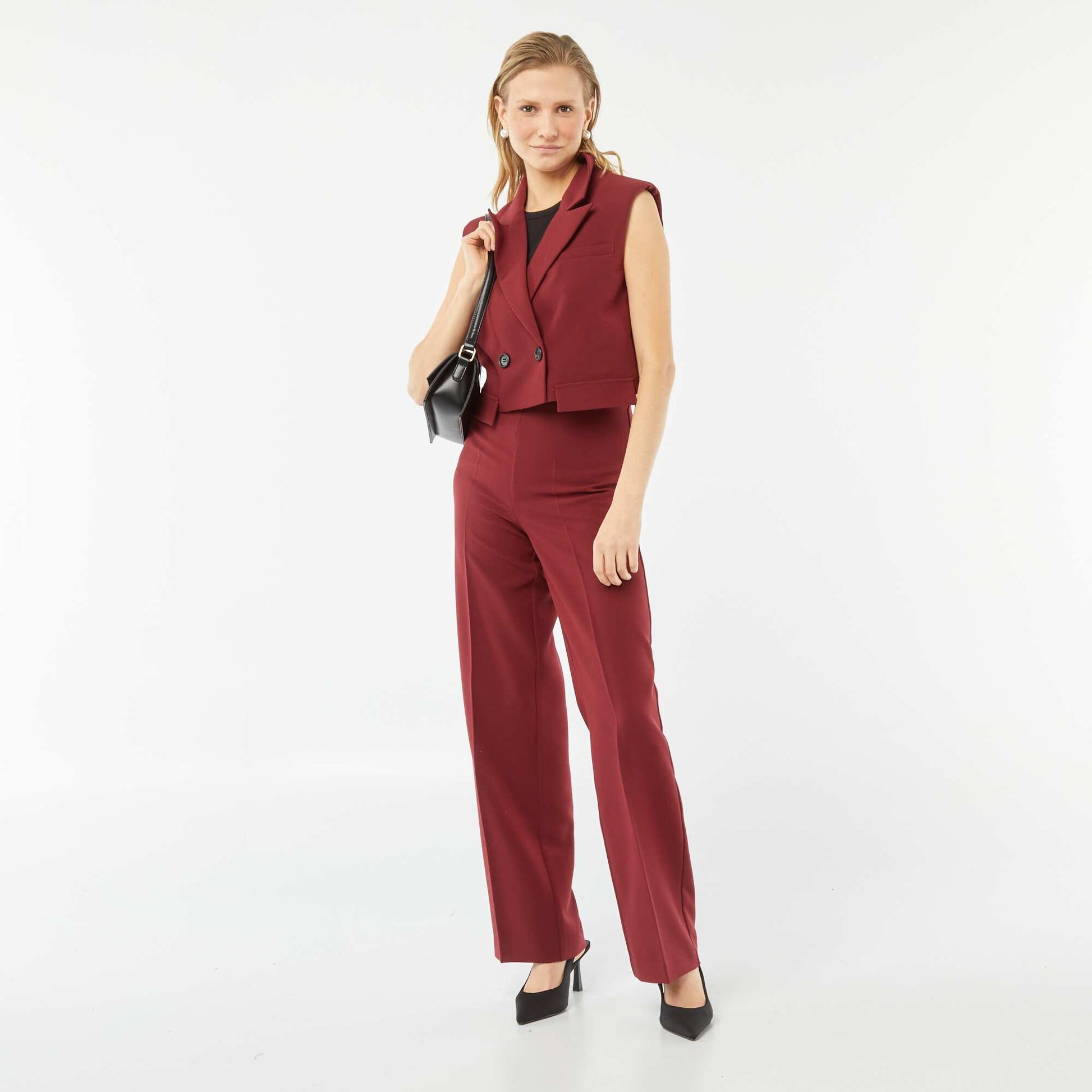 Veste tailleur crop-top sans manches ROUGE